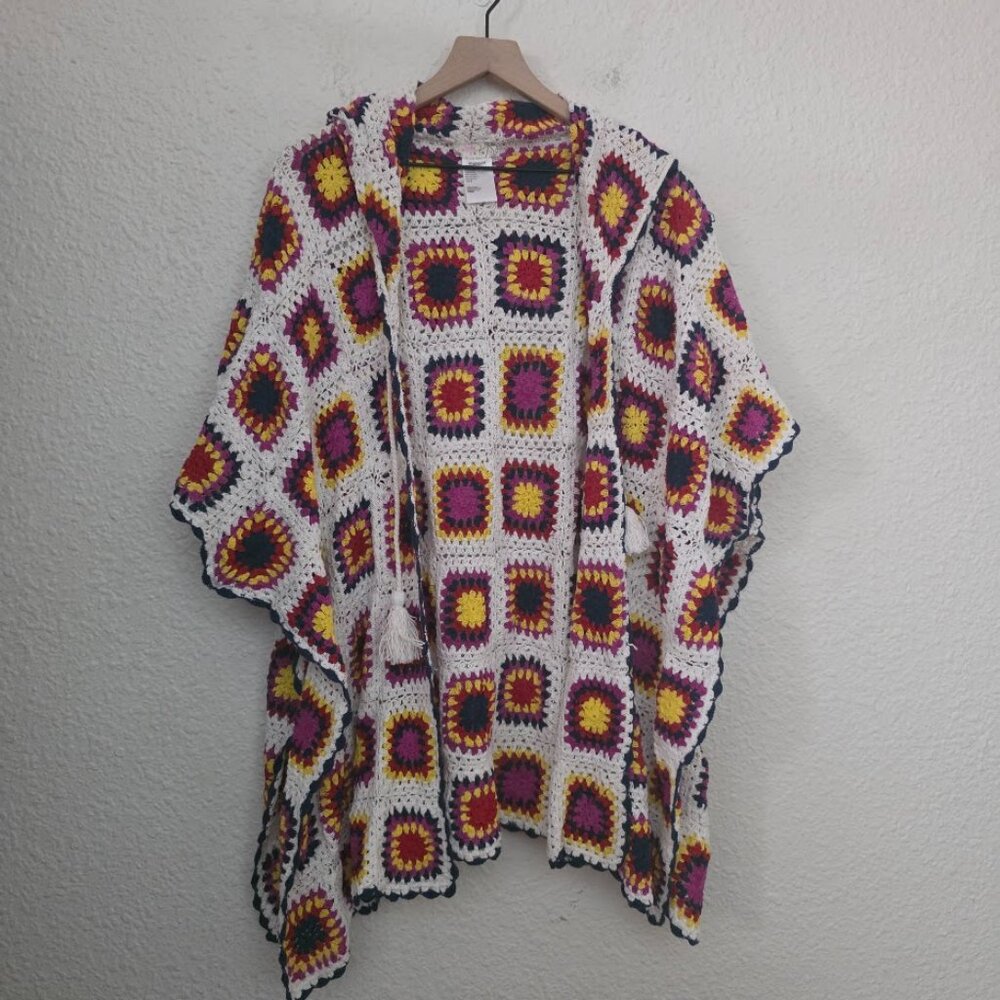 Free People Primary Crochet Hooded Poncho Women's One Size OS